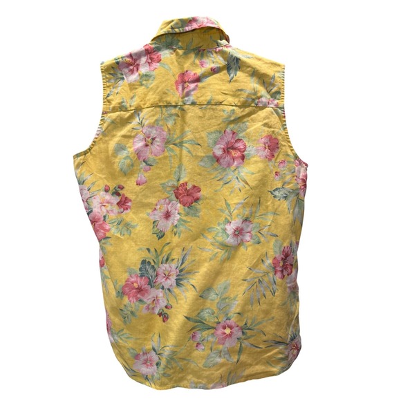 Lauren Ralph Lauren Yellow Floral 100% Linen Sleeveless Shirt Coastal Preppy - Picture 5 of 6